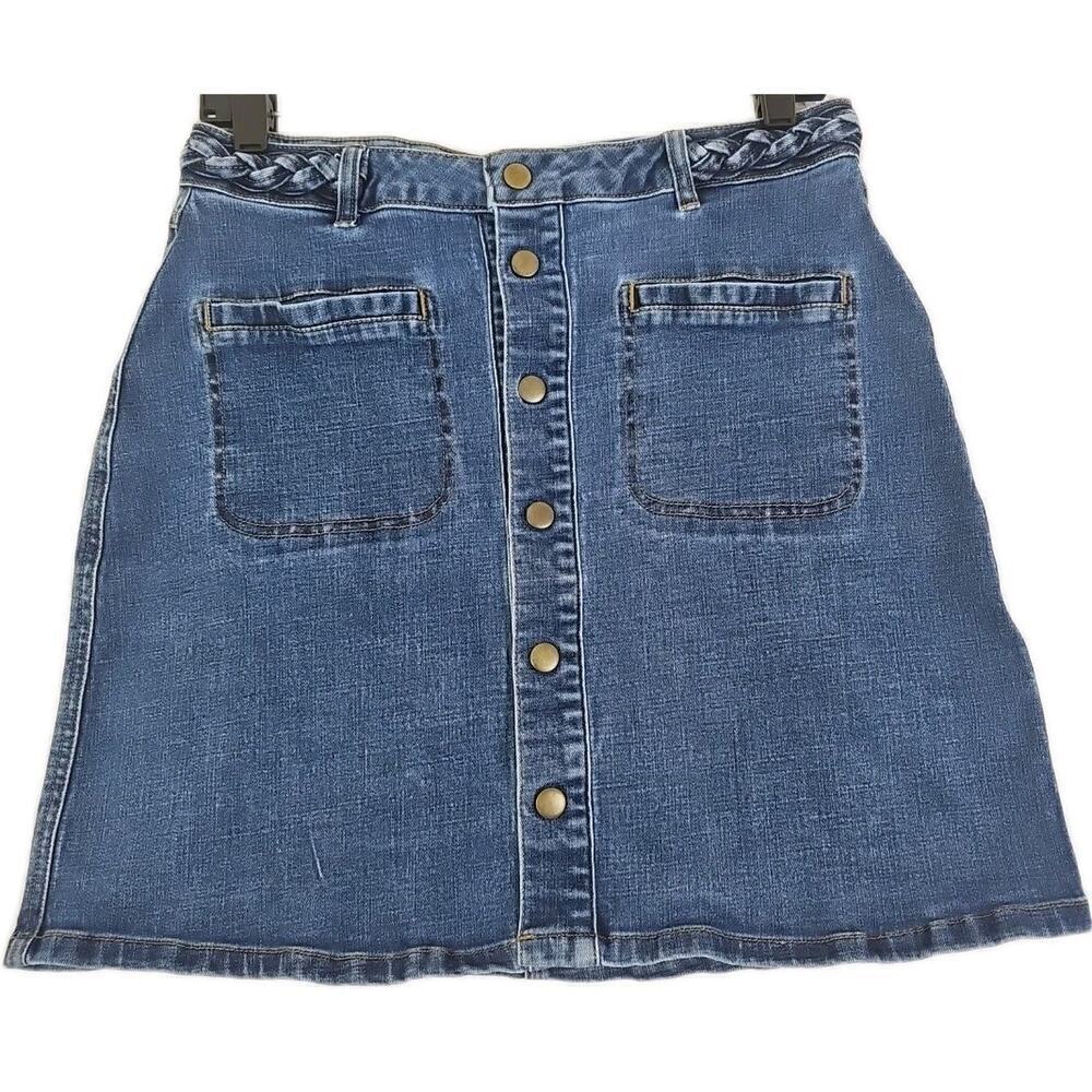 Harper ~Woman Size L~ Blue Denim Mini Skirt Snap-Up Front Skirt Cotton Blend.
